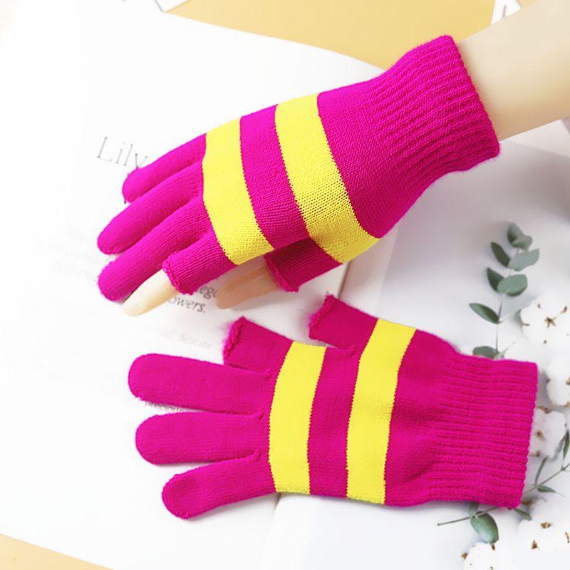 

Мужские и женские флисовые теплые и холодостойкие студенческие перчатки для письма с открытыми двумя пальцами для велоспорта, шерстяные, с сенсорным экраном Stripes 2 fingers [Rose Red] 1 pair