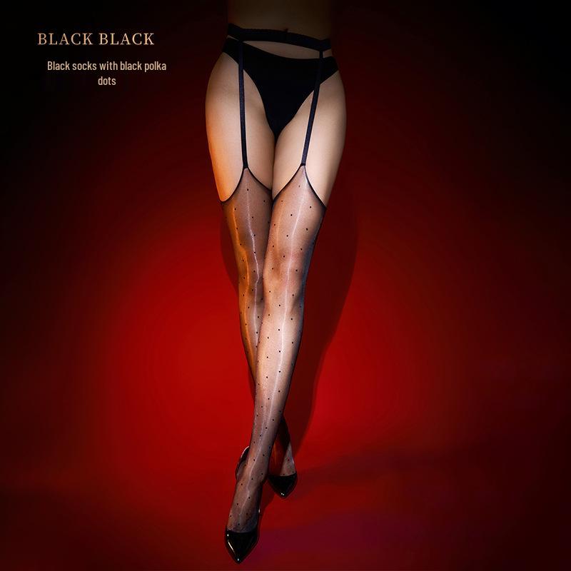 Sexy Heart Polka Dot Strappy Ultra-Thin Silky Temptation Black Stockings