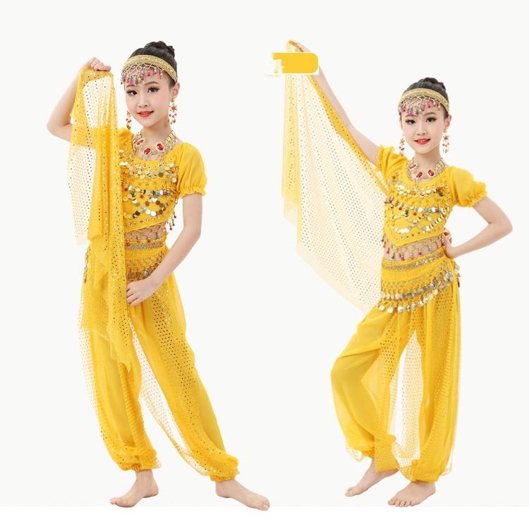 Indische Tanz Bauchtanz Bühne Kostüme Kinder Aufführung Kostüme Kinder Kinderfest Kostüme Fischschuppen Kurzarm Highlight Hose
