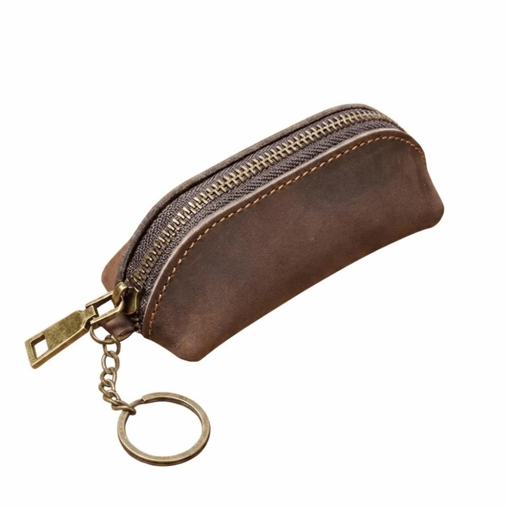 

Thin Mini Leather Coin Purse Zipper Car Key Bag Retro Men Key Ring Pouch Men кофейный