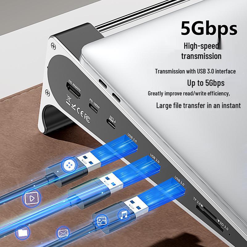 Aluminum Alloy Laptop Docking Station Stand with Heat Dissipation - 7-in-1 Computer Holder.