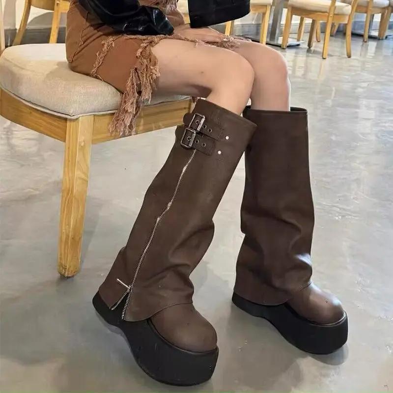 Fashion Soft Leather Ankle Mid Calf Boots Winter Autumn High Platform Wedge British Booties Woman New Ladies Chunky Motorcycle Boots