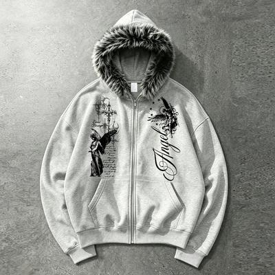 Heavyweight, Thick-Knit, Frayed-Edge Hooded Sweatshirt with Zipper Front, Kangaroo Pockets, and a Loose, Drapey Fit Casual Jacket