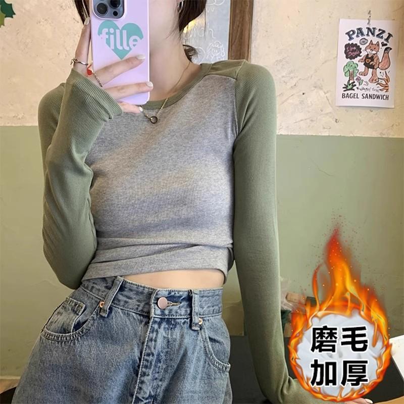 American Retro Front Shoulder Long-sleeved T-shirt Women's Autumn and Winter Inner Bottoming Shirt Spice Girl Slim-fit Short Design Sense