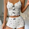 2Pcs/Set Lady Homewear Top Shorts Suit Heart Print Bow Decor Sleeveless Backless Vest Elastic High Waist Short Pants Camis Shorts Outfit Lady Summer