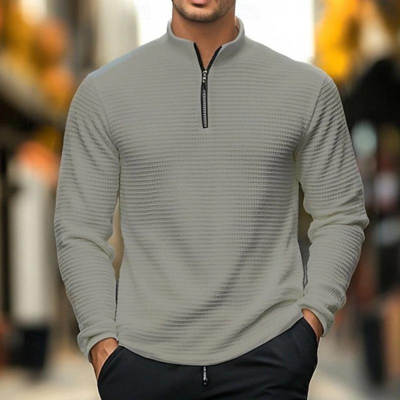 Men Waffle Knit Long Sleeve Top Half Zip Stand Collar Casual Pullover