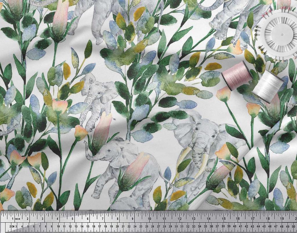 Soimoi Japan Crepe Satin Fabric Leaves,Floral & Elephant Animal Printed Craft Fabric by the metre 42 Inch