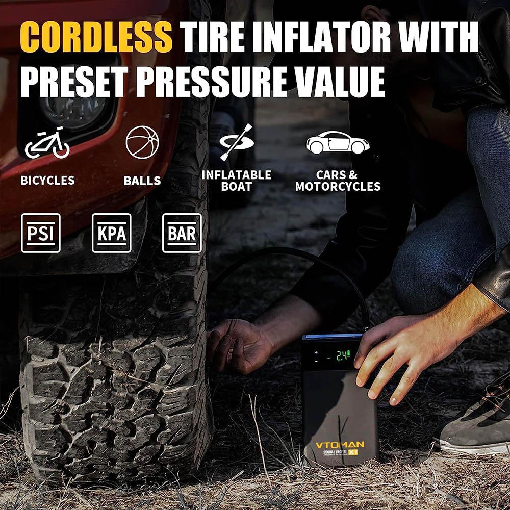 VTOMAN X1 Jump Starter with 100PSI Air Compressor, 2500A Peak Car Starter, 12V Lithium Battery Jump Box, 400 Lumen LED