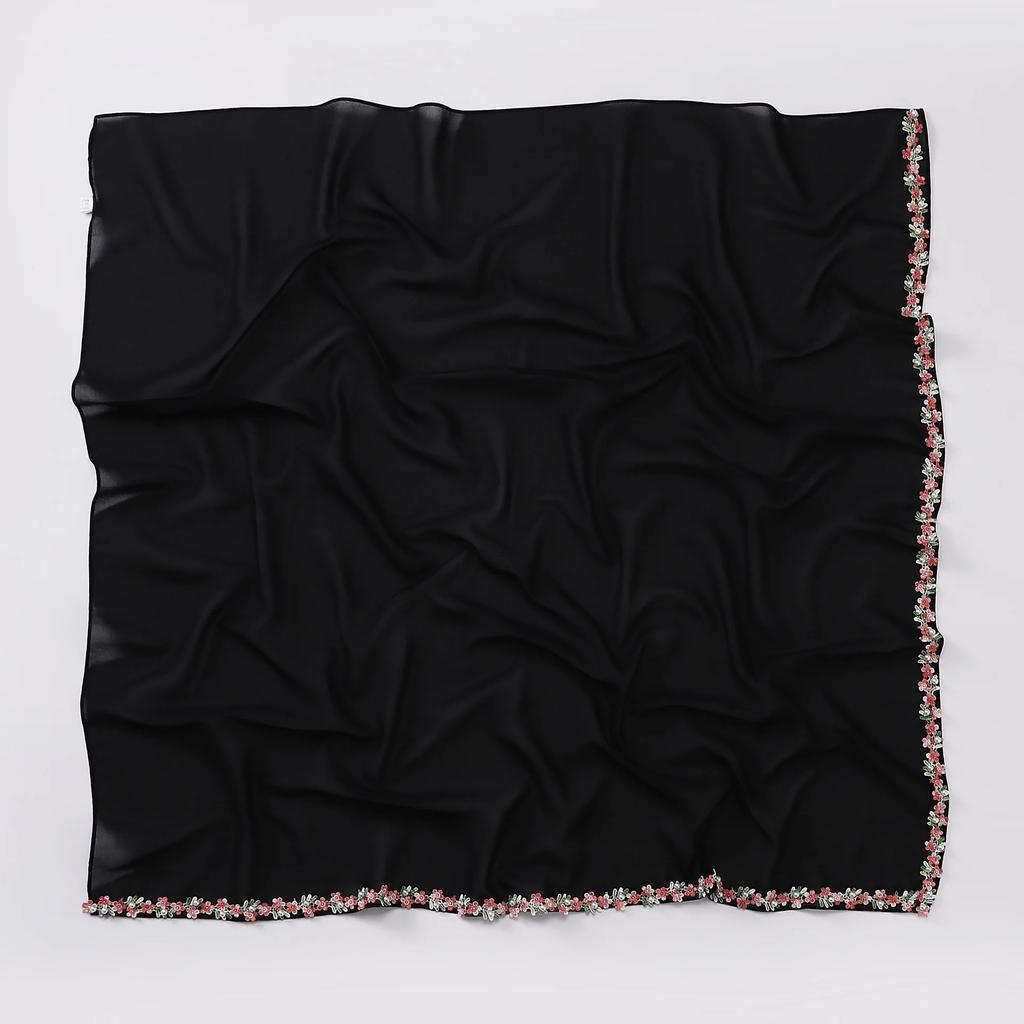Chic Floral Lace Beaded Scarf - Floral Muslim Hijab Shawl, Fresh Sweet Square Headwrap for Women