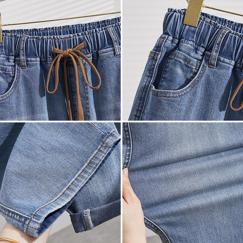 Plus Size Women Drawstring Elastic Waist Tapered Denim Dad Jeans Light Wash Ankle Pants Summer Casual Trousers 4XL-9XL