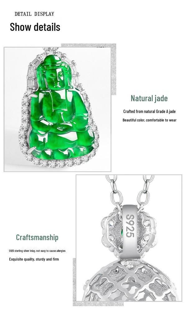 Yang Green A-Grade Natural Jade Guanyin Pendant with S925 Silver Inlay – Unisex Charm
