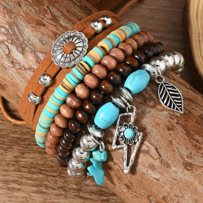 5-Piece Set of New Wood Bead Beaded Soft Pottery Turquoise, Velvet Men's and Women's Bracelets, Suitable for Daily Wear by Men and Women