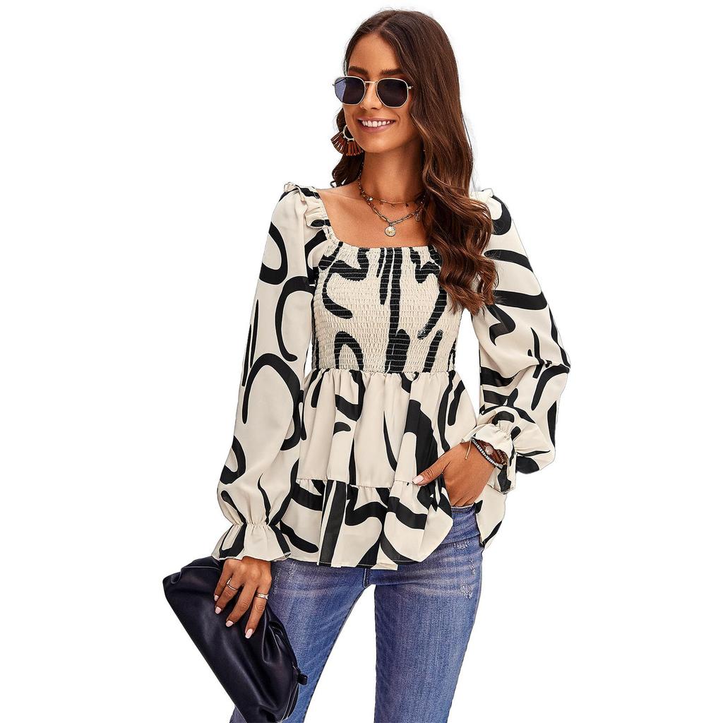 Square Neck Long Sleeve Shirt Women's Spring Summer High Waist Print Top