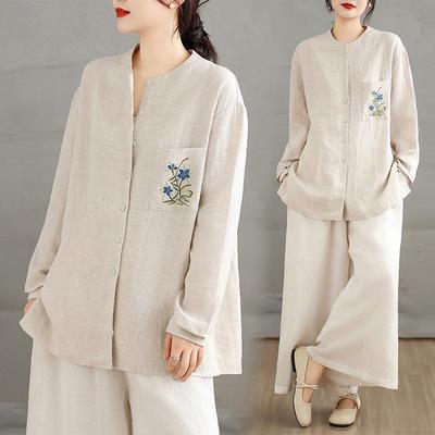 Rain Dew Hemp Embroidered Cotton-Linen Long Sleeve Shirt for Women - Artistic Chinese Style Loose Casual Top