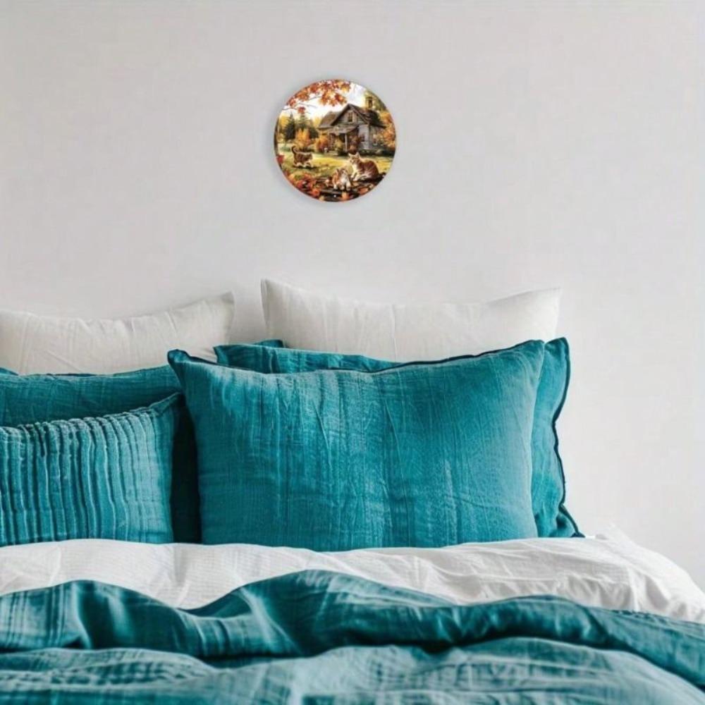 Fall Cat With Leaf Metal Poster Round 20x20cm Wall Art For Living Room