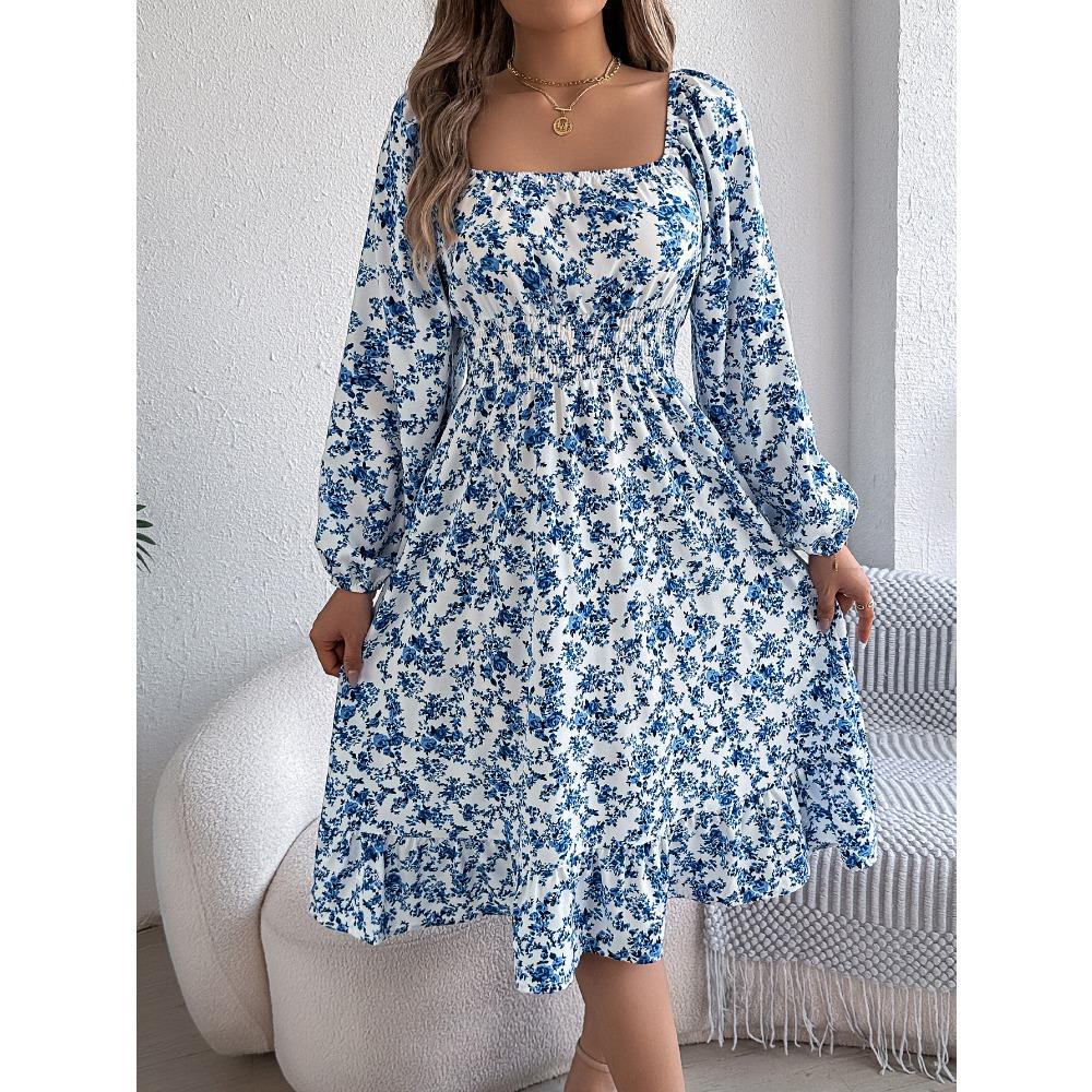 Fashion Women's Dresses Elegant Floral Square Neck Long Sleeve Waisted Ruffle A-line Dresses