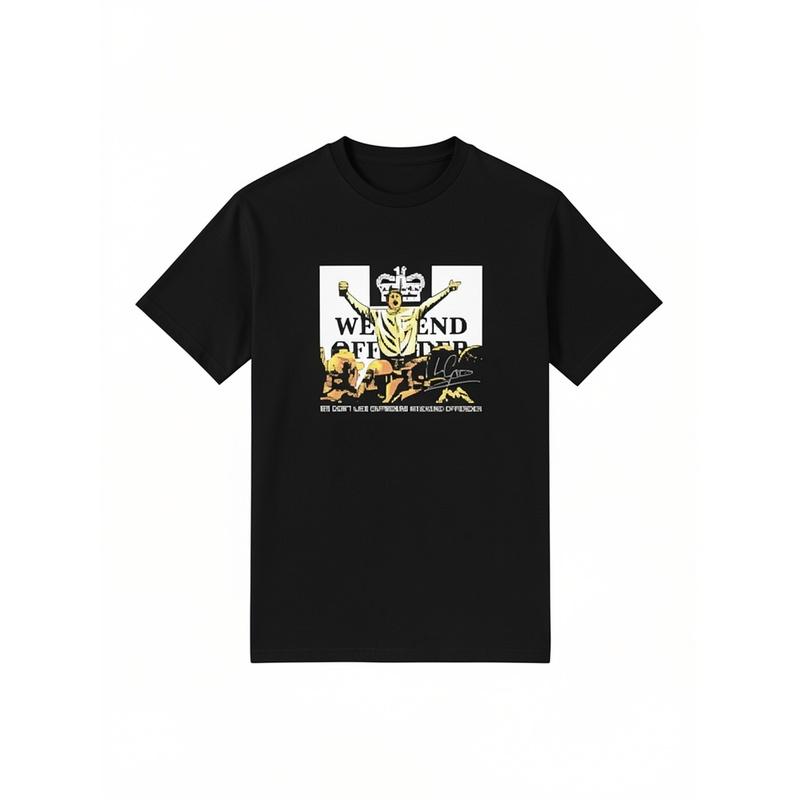 Weekend Offenders Leo Gregory Unisex Y2K Streetwear T-Shirt - Black Lion & Text Print with Golden Bars, 100% Cotton Crew Neck Short Sleeve, Bold