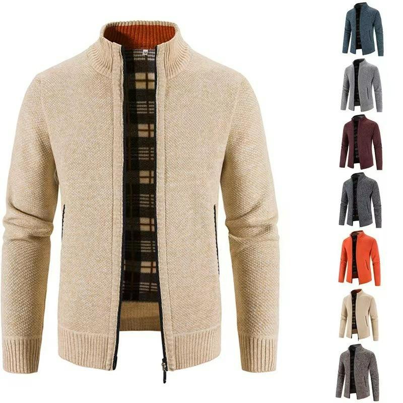 Autumn and Winter Men's Plus Velvet Stand-up Collar Cardigan Sweater Fashion Warm Sweater Jacket Top Men
