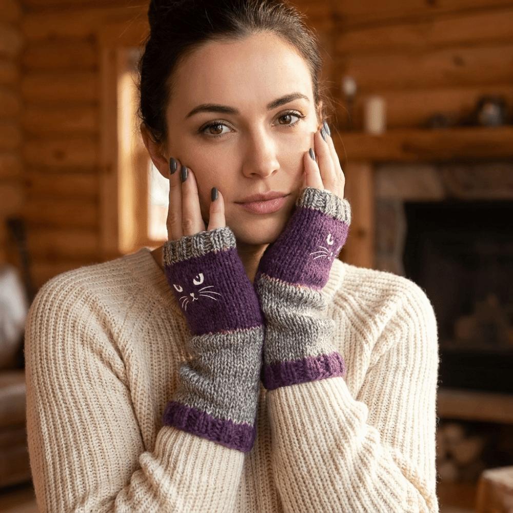 Thick Half Finger Gloves Thickened Cat Embroidery Gloves Vintage Knitted Fingerless Gloves Girls