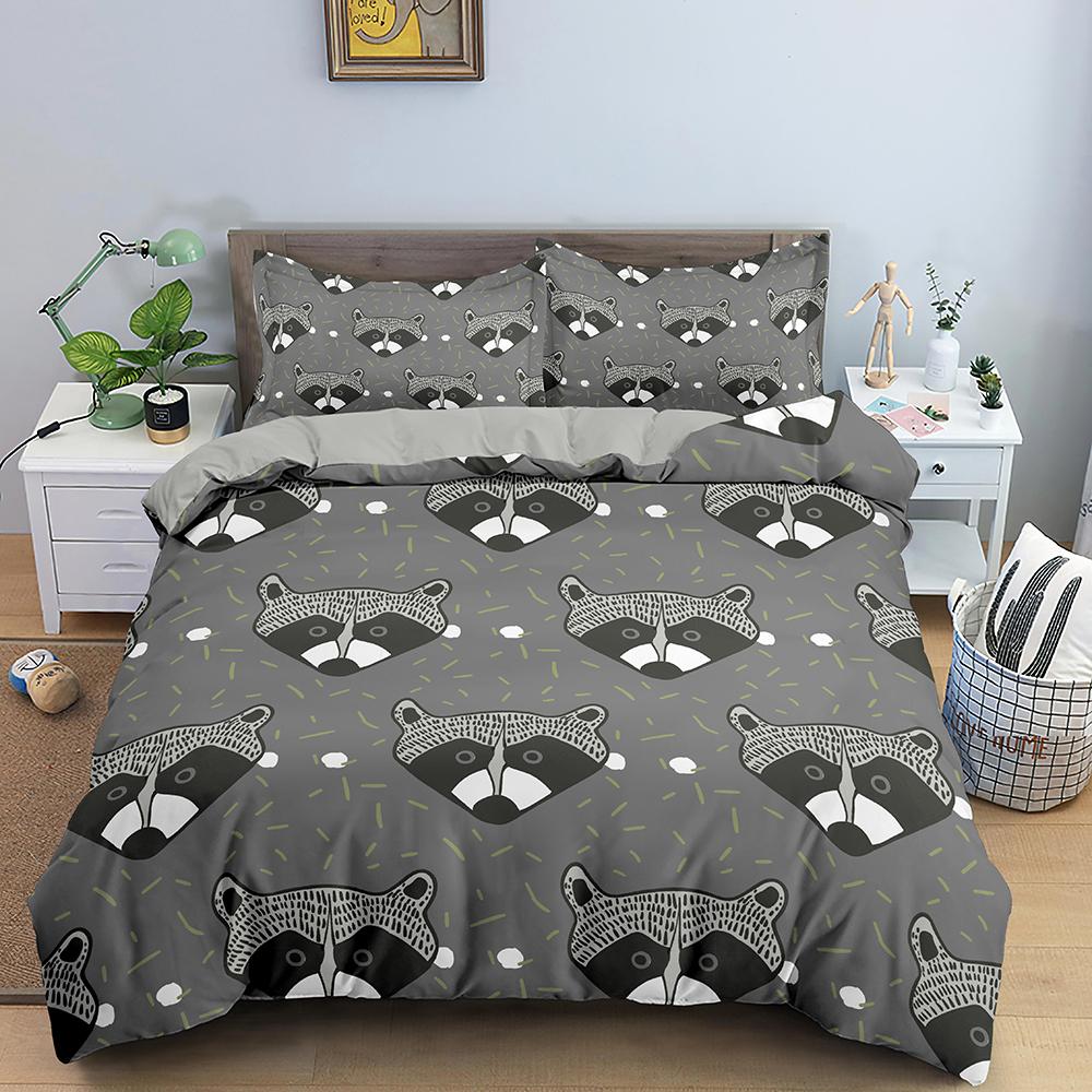 Raccoon Duvet Cover Set Grey Black Wild Animals Colourful Background King Queen Size Comforter Cover Polyester For Kids Boy Girl