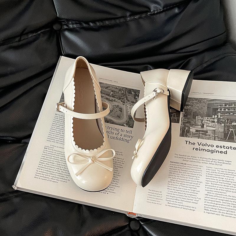 French bow thick heel Mary Jane single shoes summer one-button small leather shoes ballet women thick heel high heels
