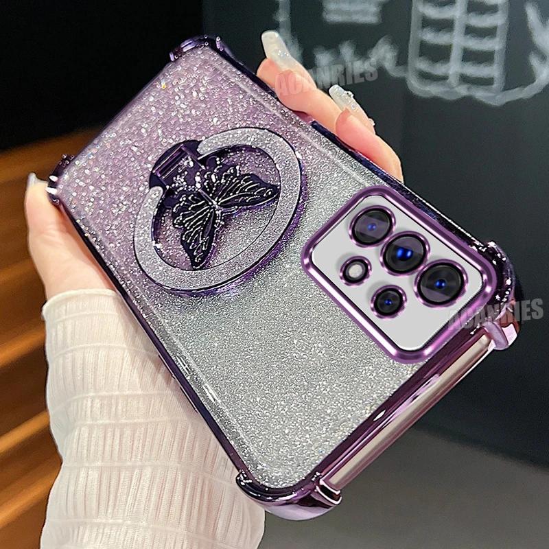 

A56 A36 A16 A26 Блестящий чехол-подставка в виде бабочки с гальваническим покрытием из силикона для Samsung Galaxy A55 A54 A53 A33 A23 A14 A15 Противоударный чехол A53 (4G 5G) фиолетовый