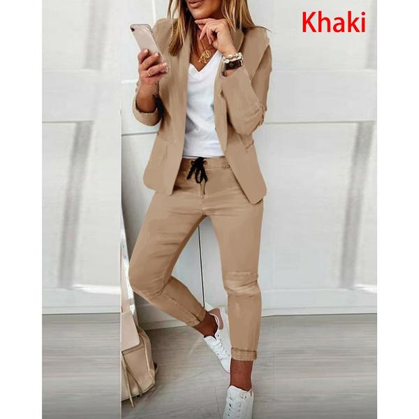 Women Elegant Long Sleeve Blazer Sets Lapel Neck Blazer Coat & Drawstring Pants Set Two Piece Outfits for Women