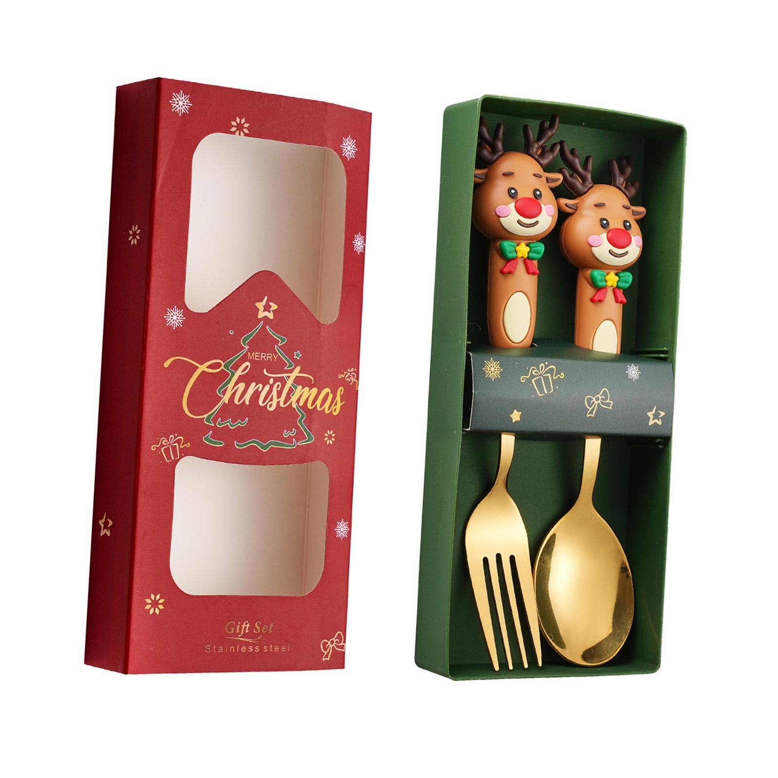 

2Pcs Christmas Spoon and Fork Set Tea Dinner Server Tea Spoon Stainless Steel Christmas Tableware for Juice Christmas Tea Party