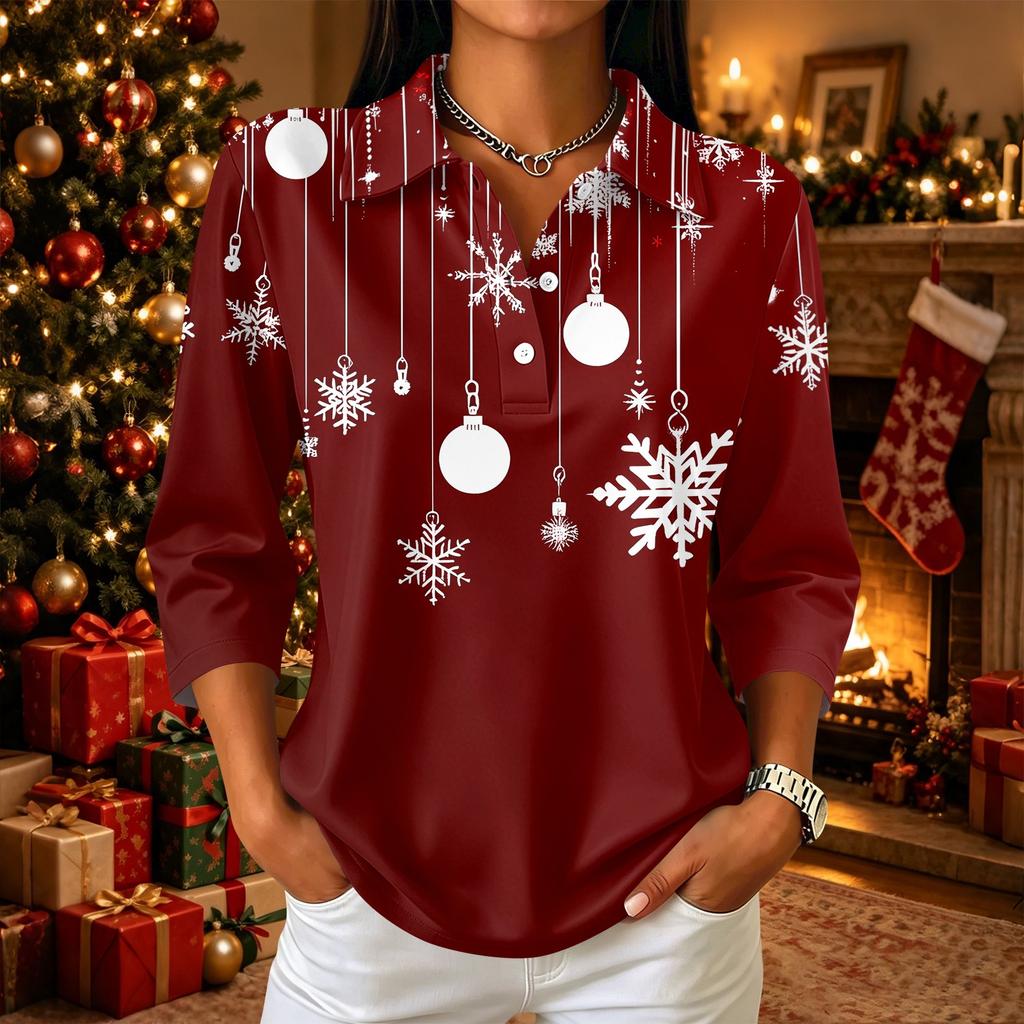 Women's Casual Christmas Print Button-Up Three-Quarter Sleeve Lapel Top