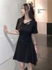Sweet and spicy wind pleated short-sleeved dress for women's summer new waist and thin small black dress