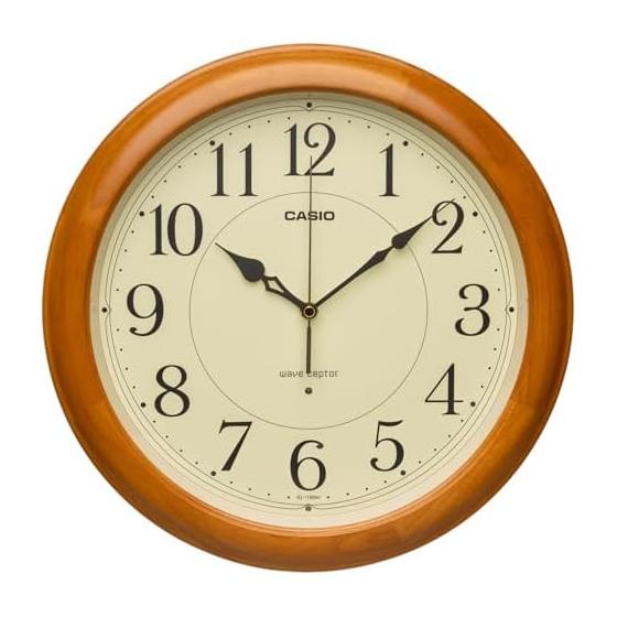 CASIO Wall Clock, Radio Wave, Analog, Second Hand Stops At Night, Quiet, Diameter 34cm, Easy To See, Large, Wooden, Dark Place, Automatic Lighting,