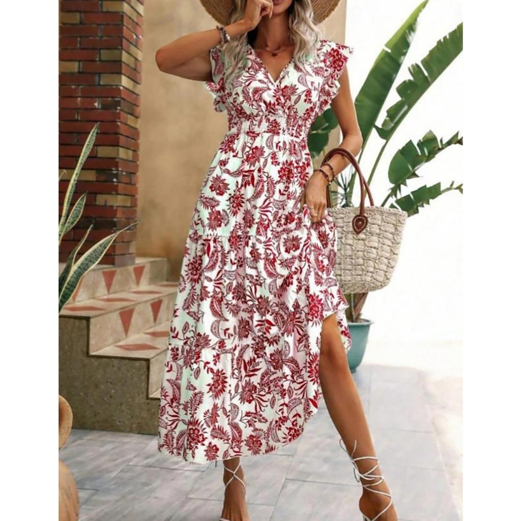 New Summer V Neck Printed Midi Dress Women's Casual Fashion Dress for Outdoor Daily Wear