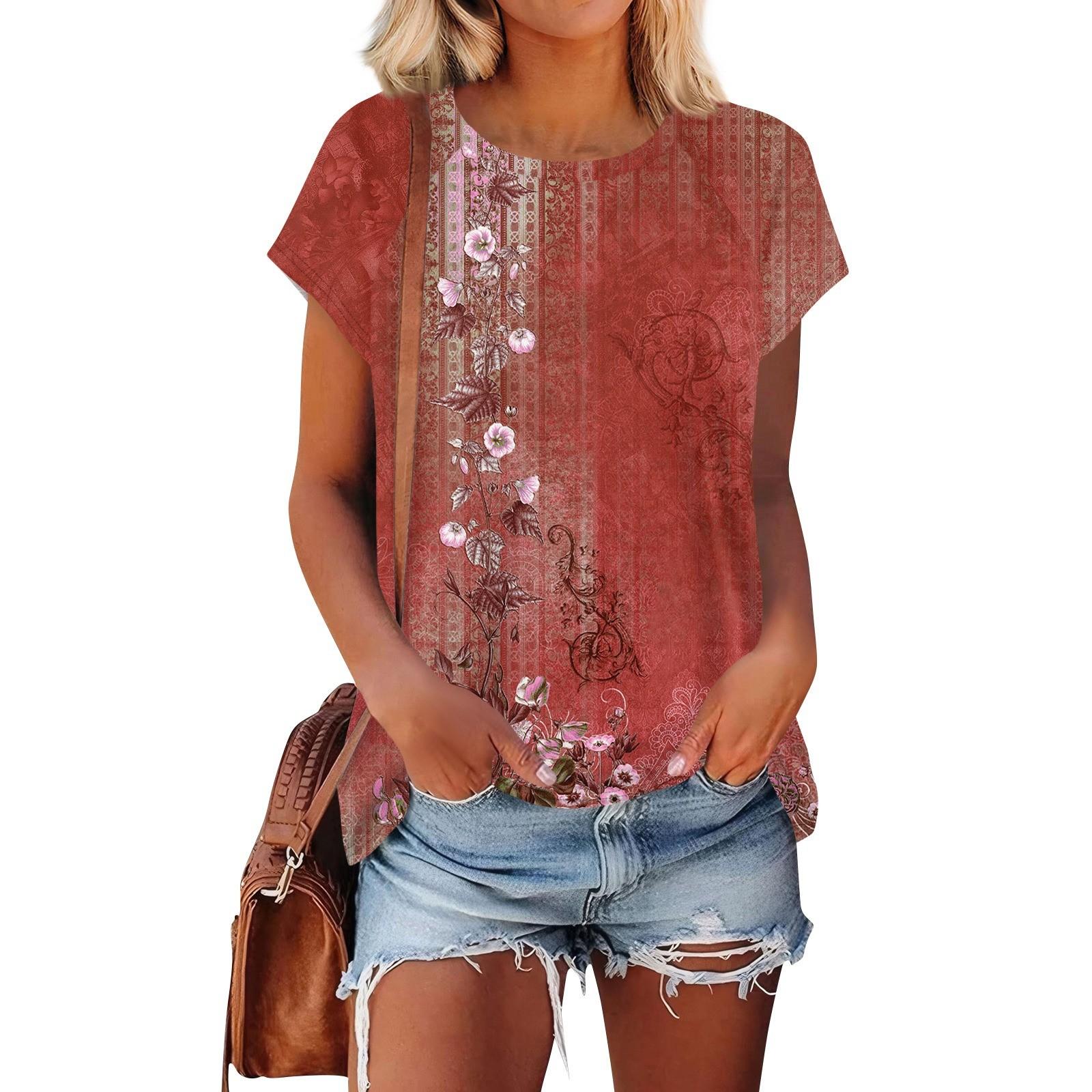 

Жіночі футболки з короткими рукавами, круглим вирізом, милі туніки, звичайні футболки, блузки, вільні пуловери XXXL винний