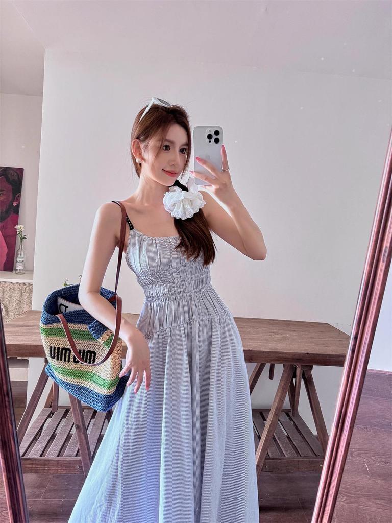 Women's Blue Suspender Dress - Summer 2025 French Seaside Holiday Waist-Cinching Long Dress