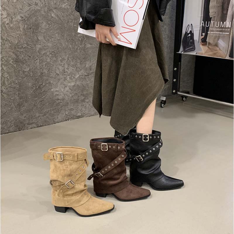 

2025 new retro pointed thin boots belt buckle thin but knee pile boots women s versatile thick heel mid boots 40 темно-коричневого