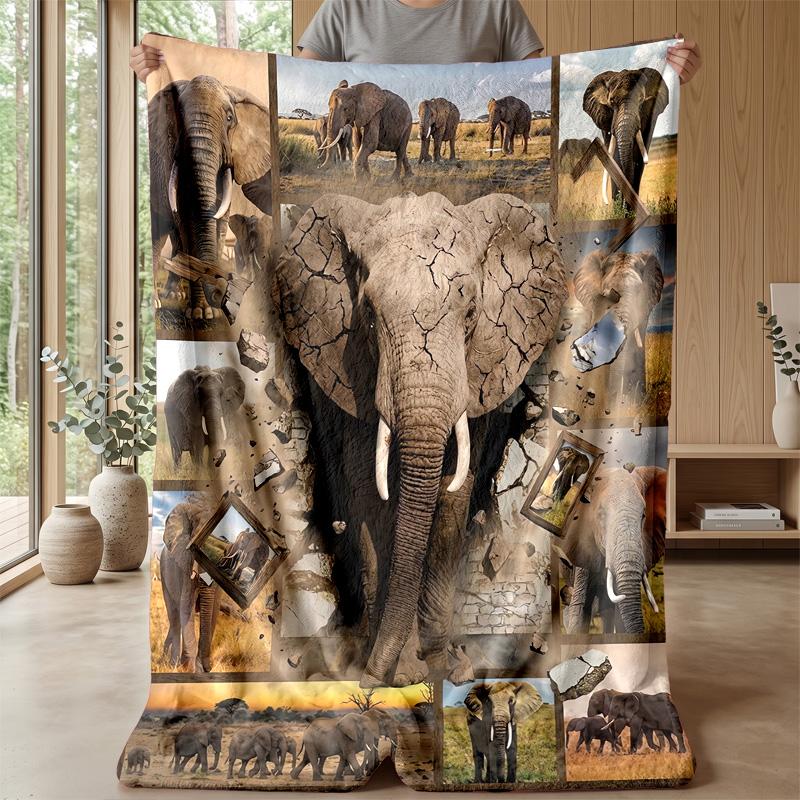 Elephant Art Collage Theme Blanket Lightweight Warm Flannel Blanket Decorative Throw Blanket for Home Decoration