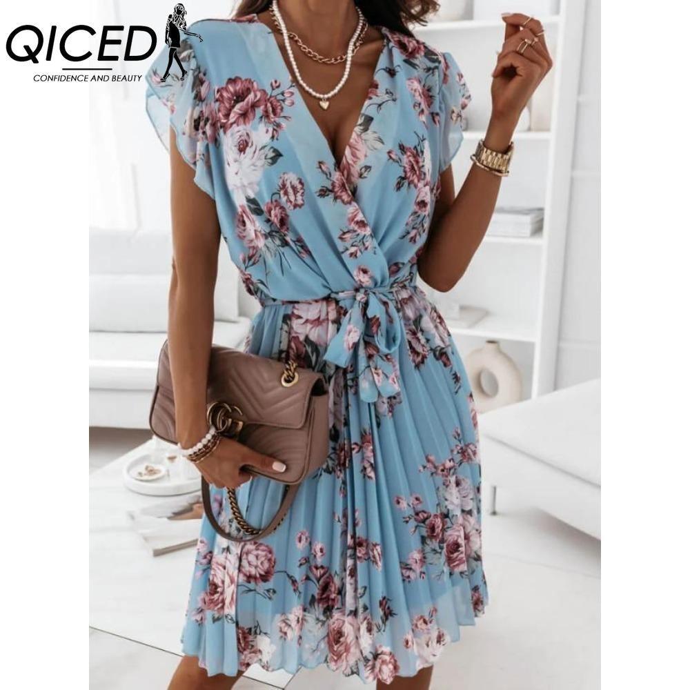 QICED Lockeres Sommer Plissee Damen Midi Kleid V-Ausschnitt Hohe Taille Freizeitkleid