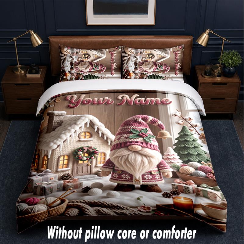 Gnome Theme Custom Text Or Name 3Pcs Bedding Set,1 Flat Sheet & 2 Pillowcases Personalized Home Bedding