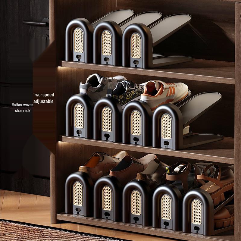Retro-Style Rattan Double-Layer Adjustable Shoe Rack and Cabinet