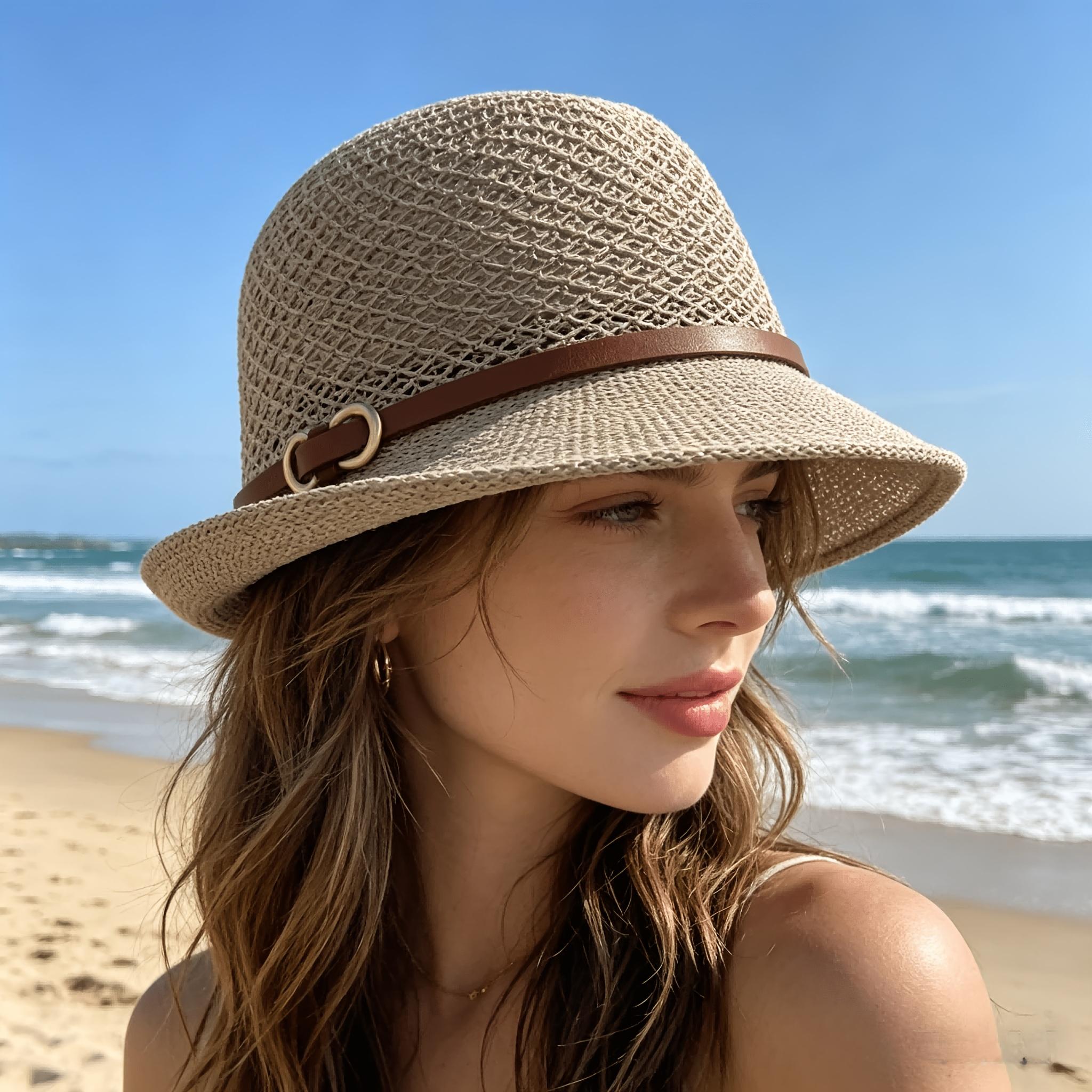 Zealous Sole Women's Pink Elegant Beach Straw Hat With Belt Embellishment - Breathable Openwork Sun Hat Summer Travel Vacation Bucket Hat