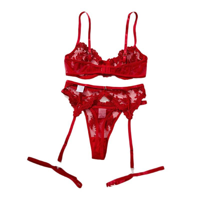 Three-Piece Lace Embroidered Mesh Lingerie Set