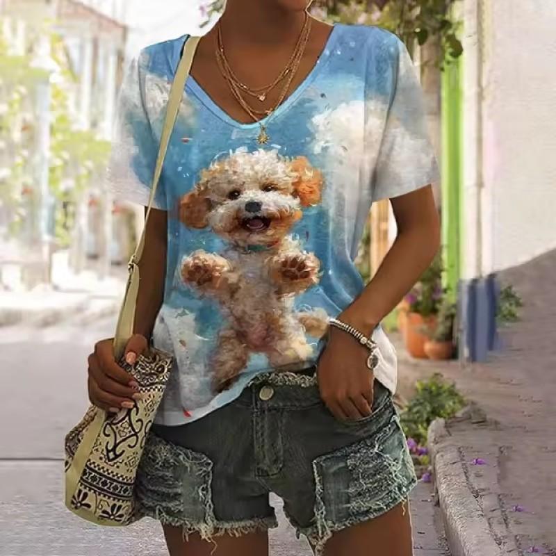 Fashionable And Simple  Summer Oversized Comfortable T-shirt Design Inspired Geometric Pattern Printed Women's V-neck Top
