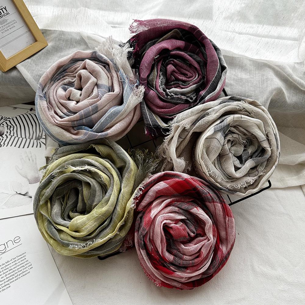Autumn Plaid Double-Layer Linen Scarf for Women - Retro Cotton British Style Shawl