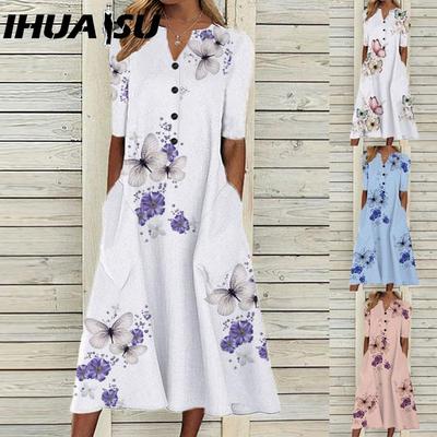 Elegant Women Dresses V Neck Short Sleeve Button Party Dress Female Summer Vintage Print Dress Casual Loose Floral Ladies Dresses
