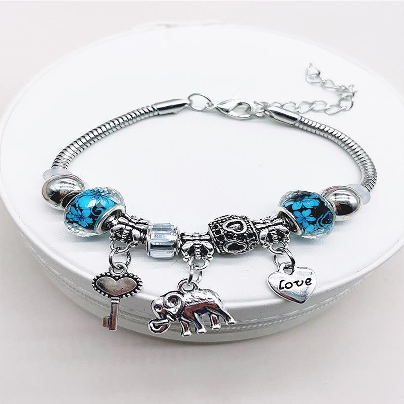 Handgefertigtes Perlenarmband mit Elefantenanhänger, Herzschlüssel und Kristallperlen für Damen, Schmuckgeschenk