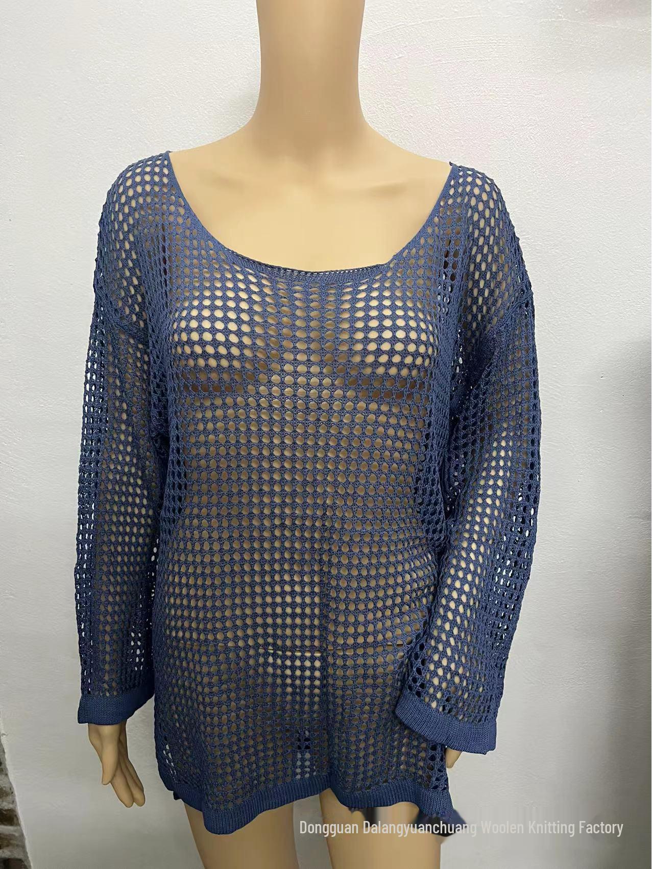 

Европейский и американский сетчатый трикотажный купальник-бикини: Женская пляжная солнцезащитная рубашка Hollow Sweater для лета XXXL джинсовый синий