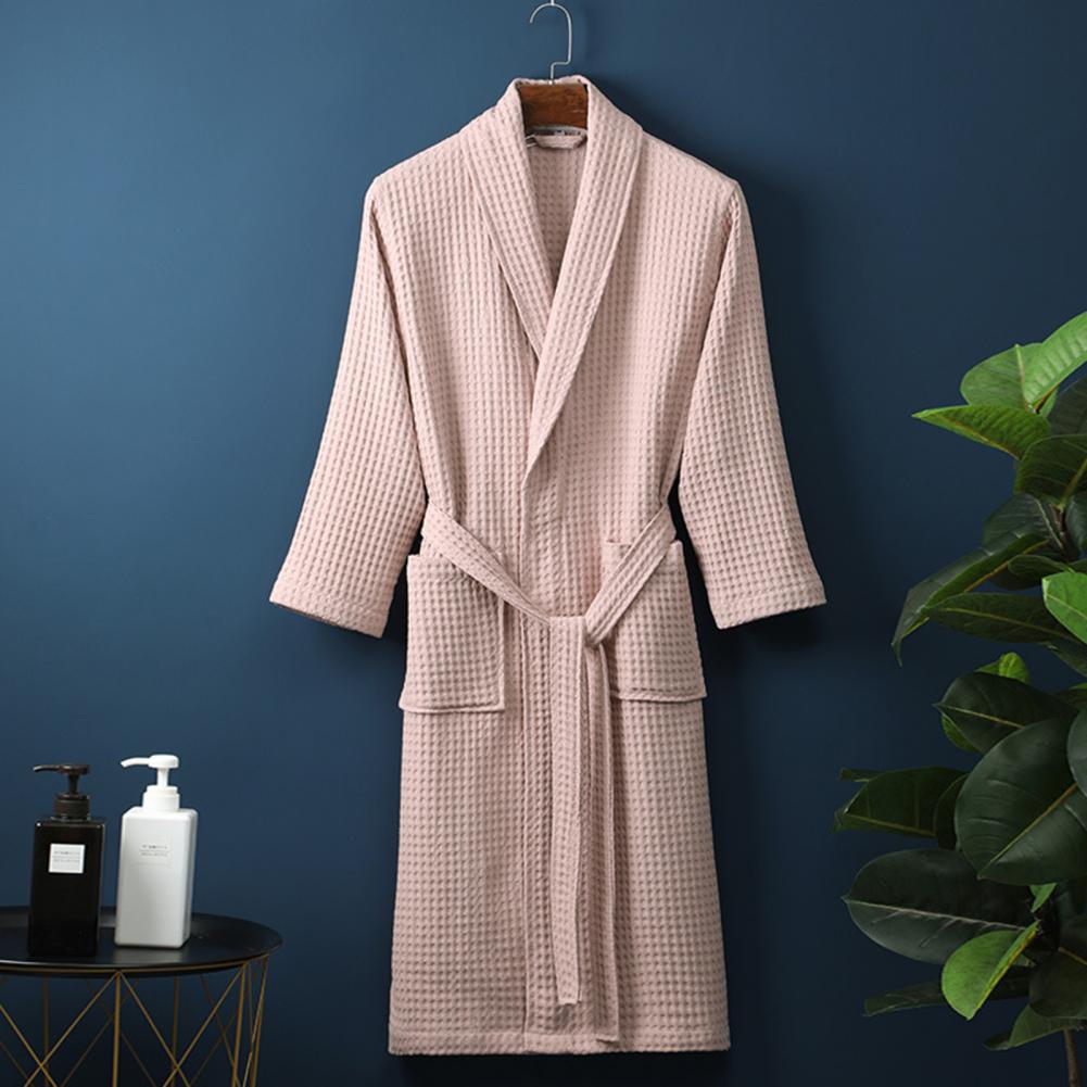 Bata de baño larga tipo gofre unisex para hombre con cuello en V, cordones, bolsillos, manga larga holgada, ropa de dormir, bata de baño de toalla para hotel