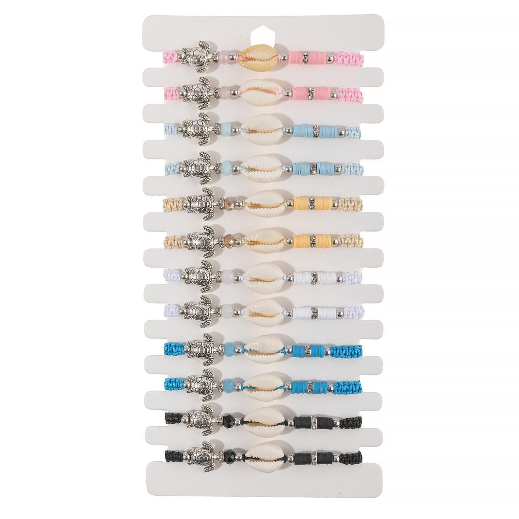Pack of 12 Handmade Turtle Theme Adjustable Braided Bracelets with Alloy Turquoise Crystal Wood Beads for Women and Men