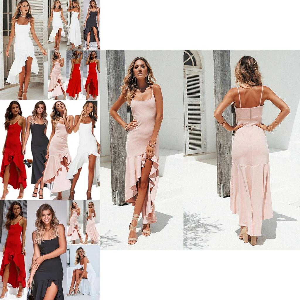 Elegant Women Sleeveless Ruffle Asymmetric Cocktail Long Maxi Sun Dress For Summer