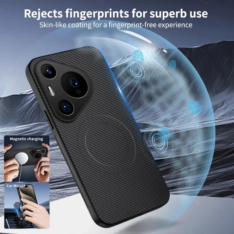 Carbon Fiber Texture Phone Case For Huawei Pura 70 Pro Magnetic Wireless Charging Shockproof Matte Silicone Soft Back Cover Case
